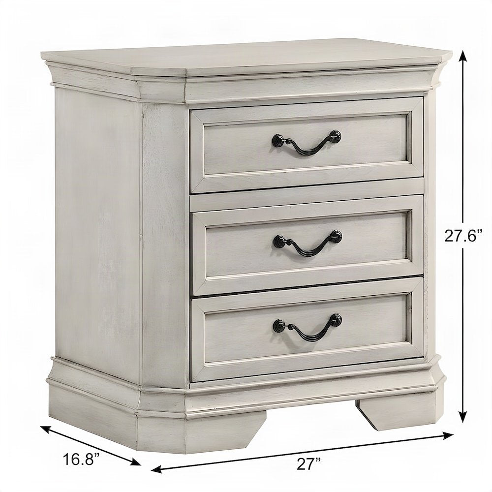 Wood 3-Drawer Nightstand with Antique-Finish Top, Bedside Table, Antique White
