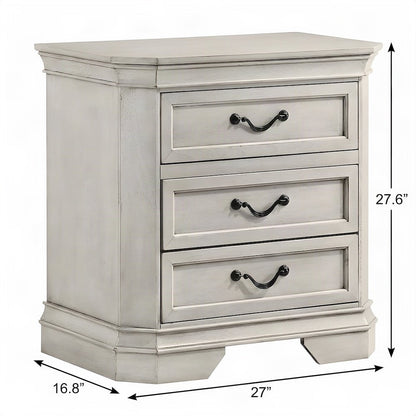 Wood 3-Drawer Nightstand with Antique-Finish Top, Bedside Table, Antique White
