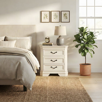 Wood 3-Drawer Nightstand with Antique-Finish Top, Bedside Table, Antique White