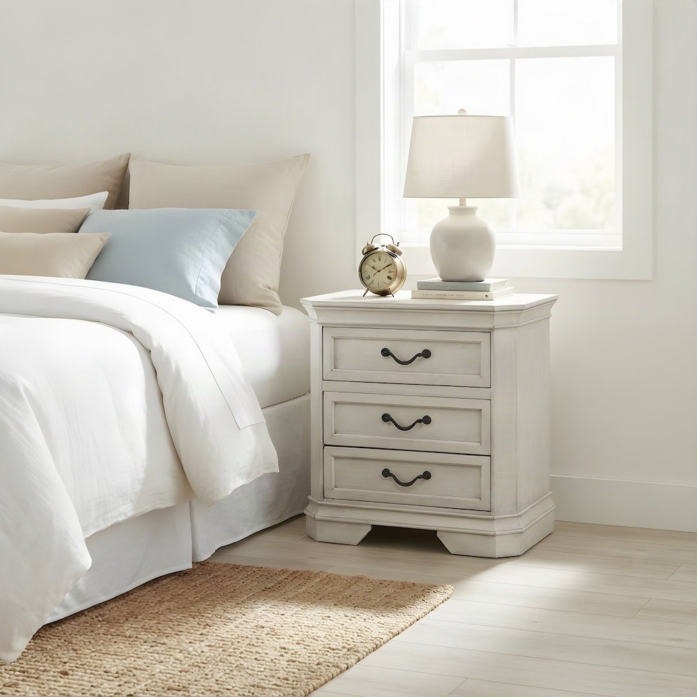 Wood 3-Drawer Nightstand with Antique-Finish Top, Bedside Table, Antique White