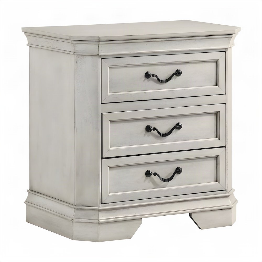 Wood 3-Drawer Nightstand with Antique-Finish Top, Bedside Table, Antique White