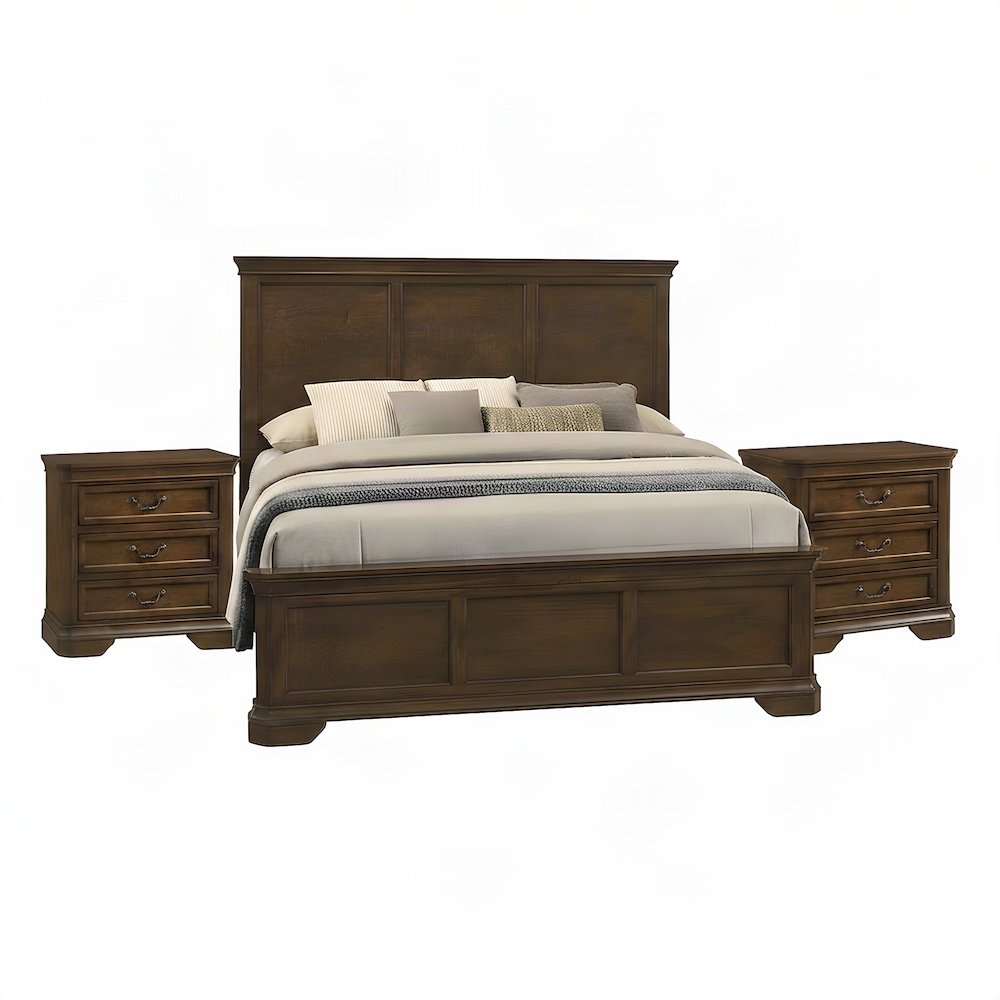 Wooden King Panel Bed with Tall Headboard and 2 Nightstands, 3 Piece Set, Walnut