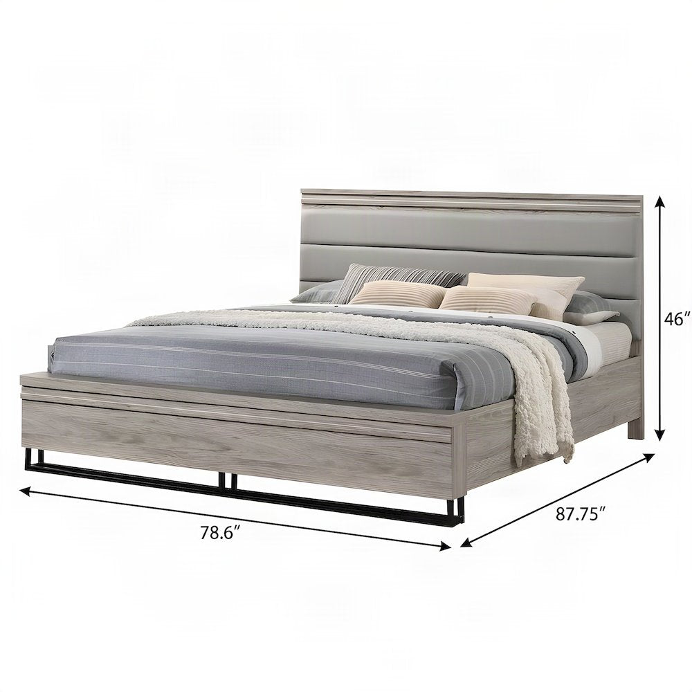King Size Upholstered Wood Panel Platform Bed Frame with Headboard, Grey