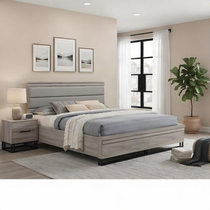 King Size Upholstered Wood Panel Platform Bed Frame with Headboard, Grey