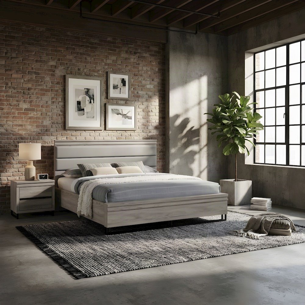 King Size Upholstered Wood Panel Platform Bed Frame with Headboard, Grey