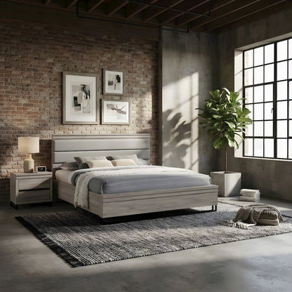 King Size Upholstered Wood Panel Platform Bed Frame with Headboard, Grey