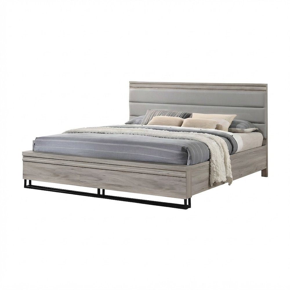 King Size Upholstered Wood Panel Platform Bed Frame with Headboard, Grey