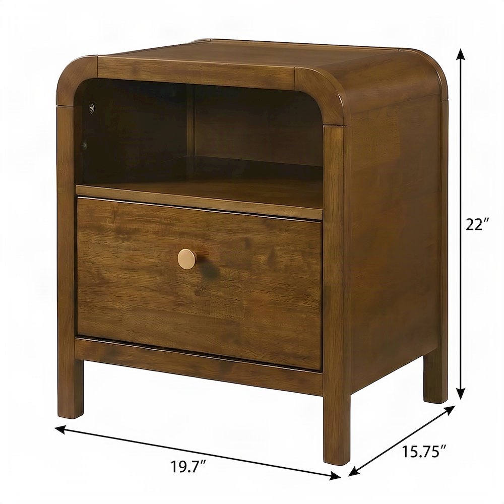 Solid Rubberwood Nightstand with Veneer Body, Mid-Century Bedside Table, Walnut