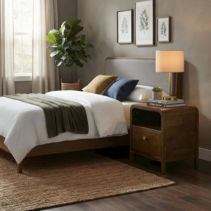 Solid Rubberwood Nightstand with Veneer Body, Mid-Century Bedside Table, Walnut