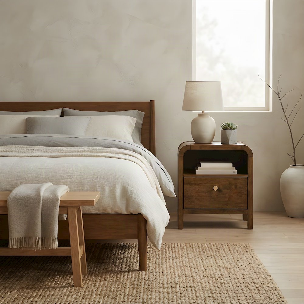 Solid Rubberwood Nightstand with Veneer Body, Mid-Century Bedside Table, Walnut