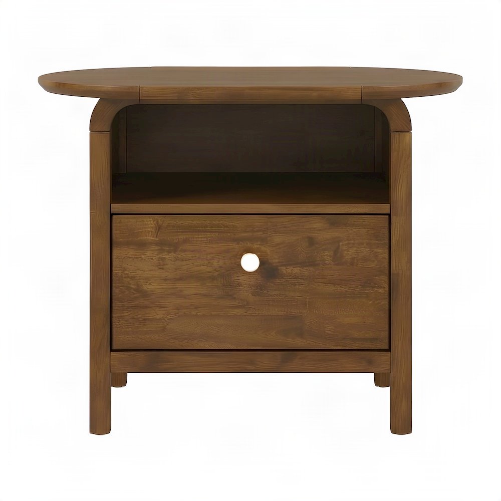 Solid Rubberwood Nightstand with Veneer Body, Mid-Century Bedside Table, Walnut