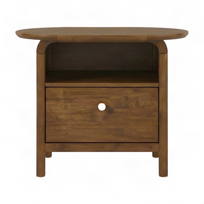 Solid Rubberwood Nightstand with Veneer Body, Mid-Century Bedside Table, Walnut