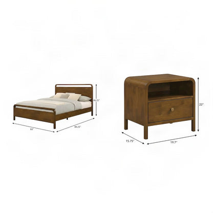 Rubberwood Queen Platform Bed and Nightstands, Mid-Century Modern, Walnut