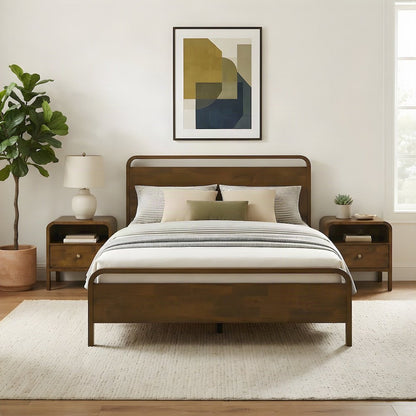 Rubberwood Queen Platform Bed and Nightstands, Mid-Century Modern, Walnut