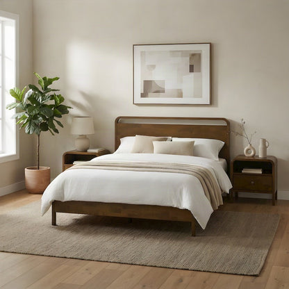 Rubberwood Queen Platform Bed and Nightstands, Mid-Century Modern, Walnut
