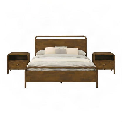 Rubberwood Queen Platform Bed and Nightstands, Mid-Century Modern, Walnut