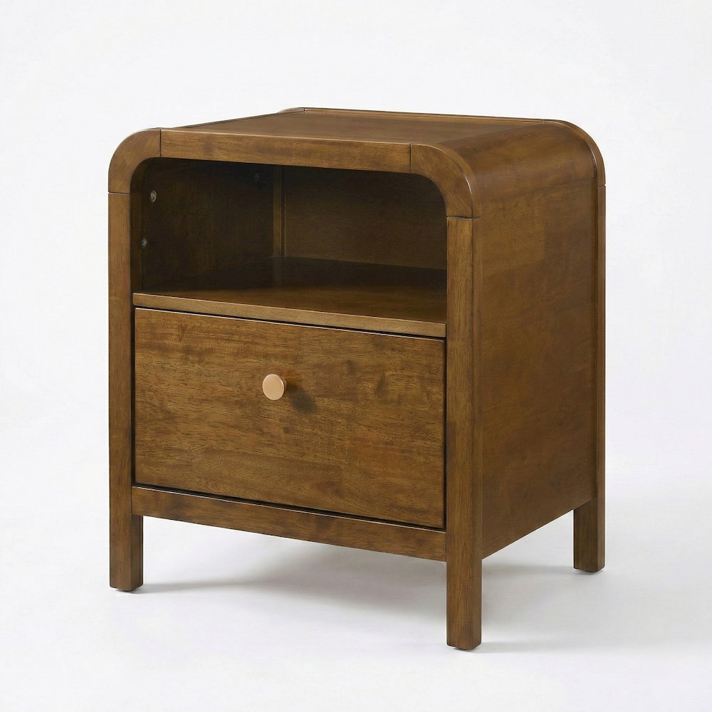 Eldren Wood Nightstand with Solid Rubberwood Frame, Walnut Finish