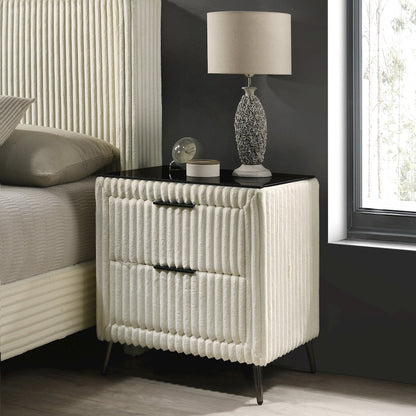 Mavela Wide Wale Corduroy Upholstery Panel Queen Bed with 2 Nightstands, Cream