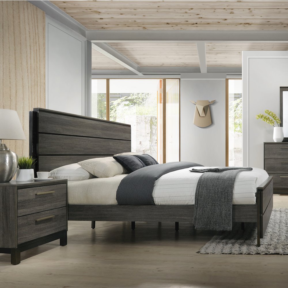Antique Grey Finish Wood Bed Room Set, King Bed, Dresser, Mirror, 2 Night Stands