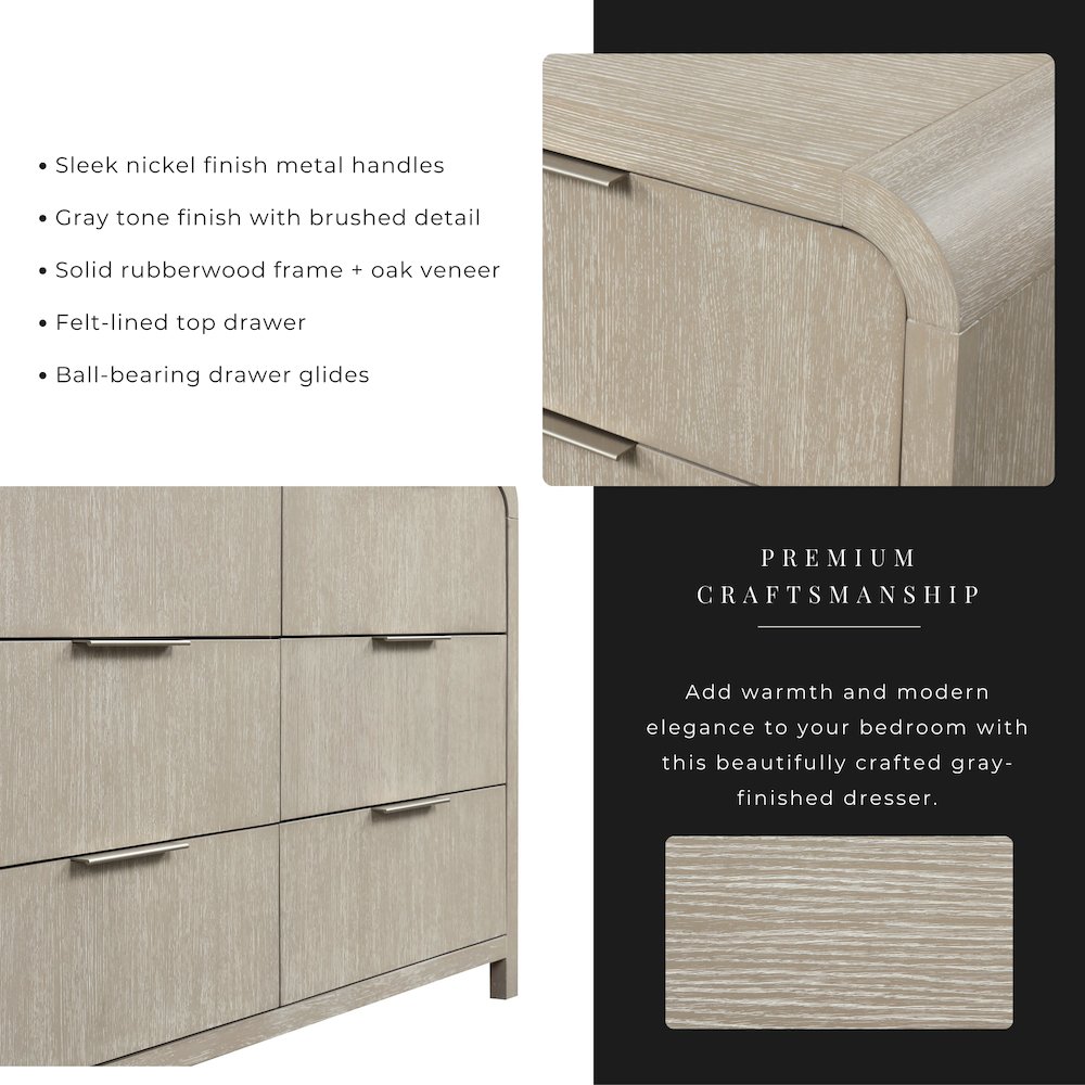 Tavari Contemporary 6-Drawer Wood Dresser with Mirror, Light Gray