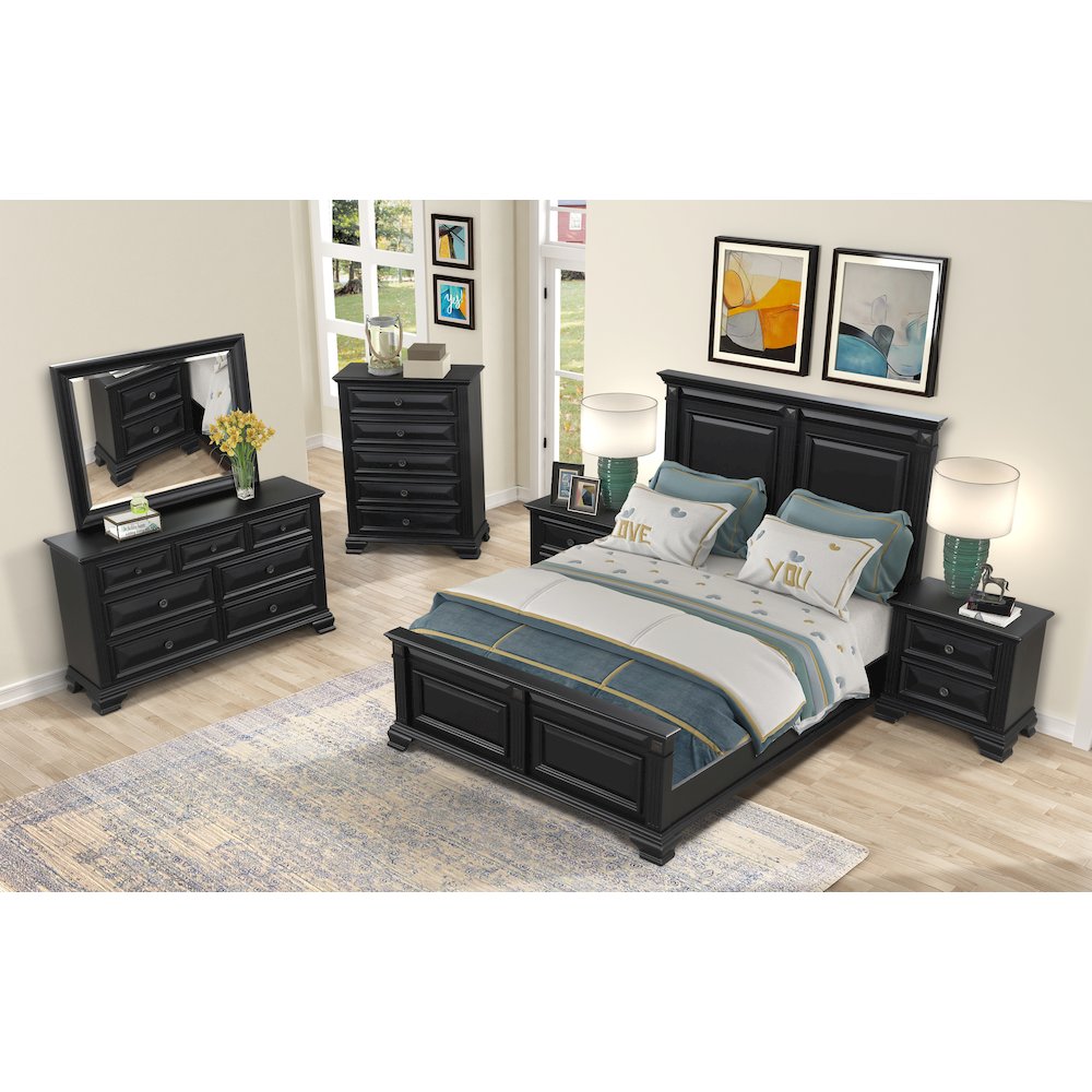 Vintage Black Wood Bedroom Set, Queen Bed, Dresser, Mirror,2 Nightstands, Chest