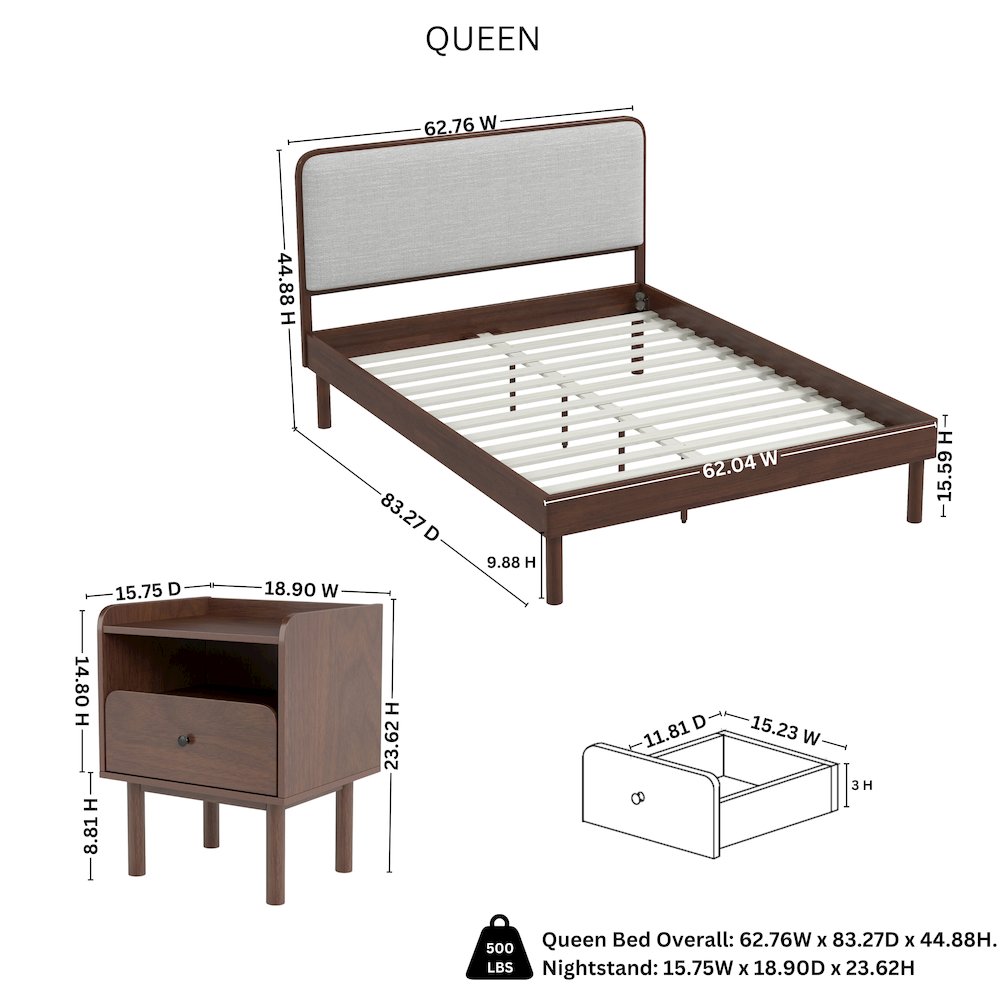 Wyller 3-Pc Bedroom Set, Platform Bed with 2 Nightstands, Natural Walnut, Queen