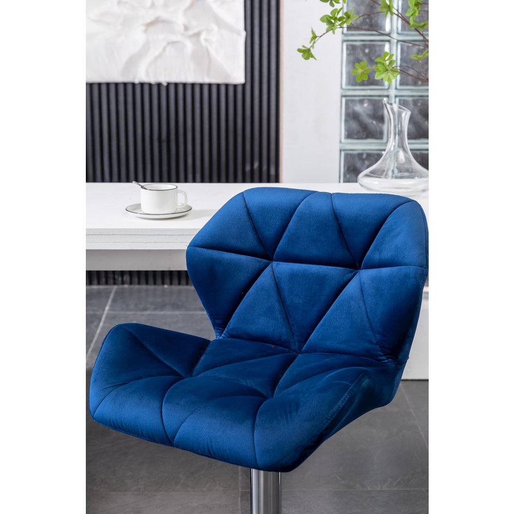 Breni Velvet Diamond Tufted Swivel Adjustable Height Barstool, Set of 2, Blue