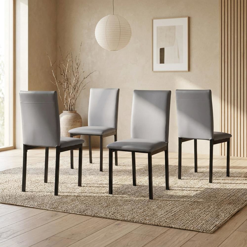 Faux Leather Metal Frame Modern Dining Room Chairs Set, Grey, Set of 4