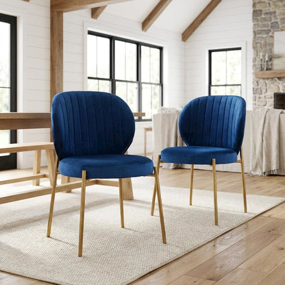 Velvet Upholstered Dining Chairs with Metal Legs, Blue, Set of 2