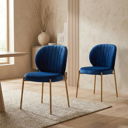 Velvet Upholstered Dining Chairs with Metal Legs, Blue, Set of 2