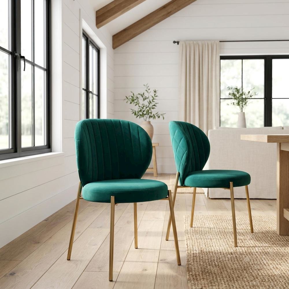 Velvet Upholstered Dining Chairs with Metal Legs, Green, Set of 2