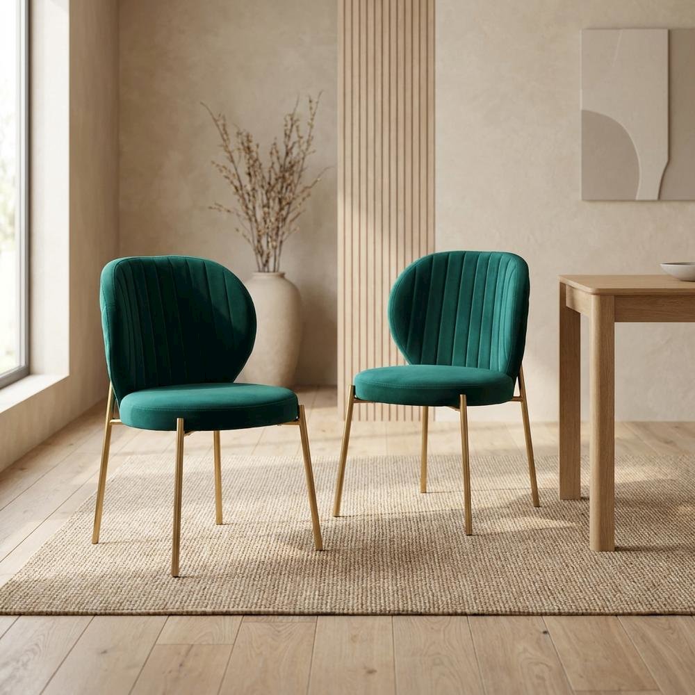 Velvet Upholstered Dining Chairs with Metal Legs, Green, Set of 2
