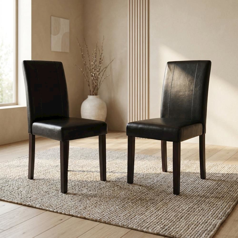 Solid Wood Faux Leather Upholstered Parson Dining Chairs, Black, Set of 2