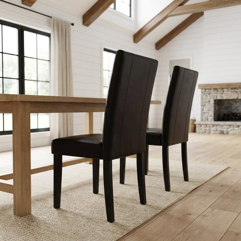 Solid Wood Faux Leather Upholstered Parson Dining Chairs, Brown, Set of 2