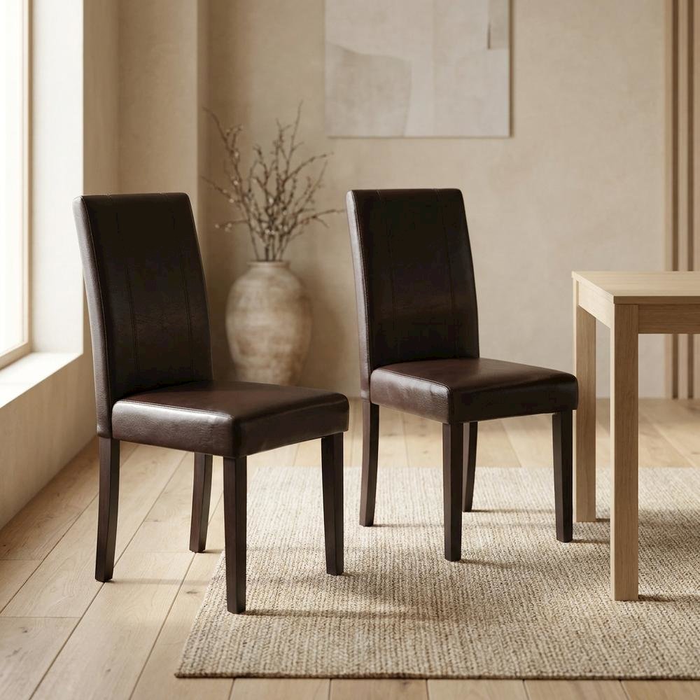 Solid Wood Faux Leather Upholstered Parson Dining Chairs, Brown, Set of 2