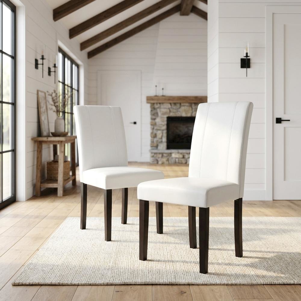 Solid Wood Faux Leather Upholstered Parson Dining Chairs, White, Set of 2