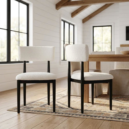 Boucle Upholstered Dining Chairs with Solid Wood Legs, Black, Set of 2