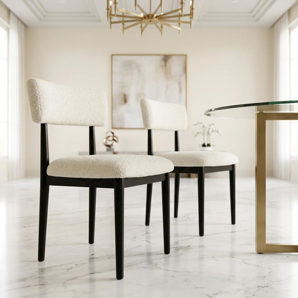 Boucle Upholstered Dining Chairs with Solid Wood Legs, Black, Set of 2