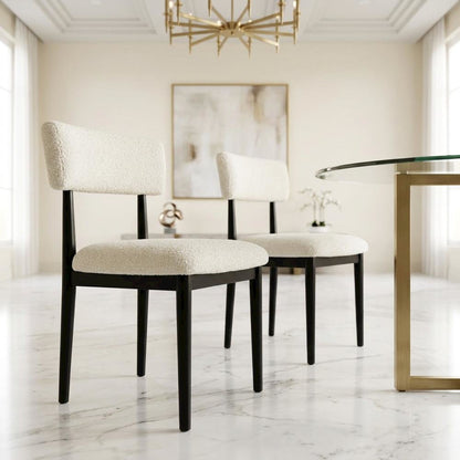 Boucle Upholstered Dining Chairs with Solid Wood Legs, Black, Set of 2