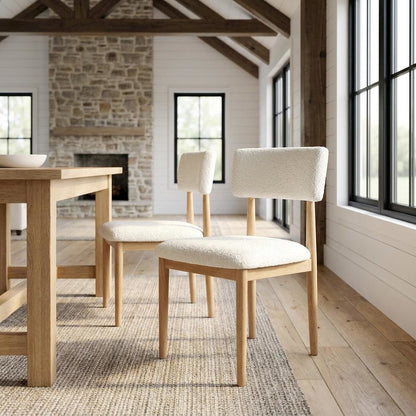 Boucle Upholstered Dining Chairs with Solid Wood Legs, Natural, Set of 2