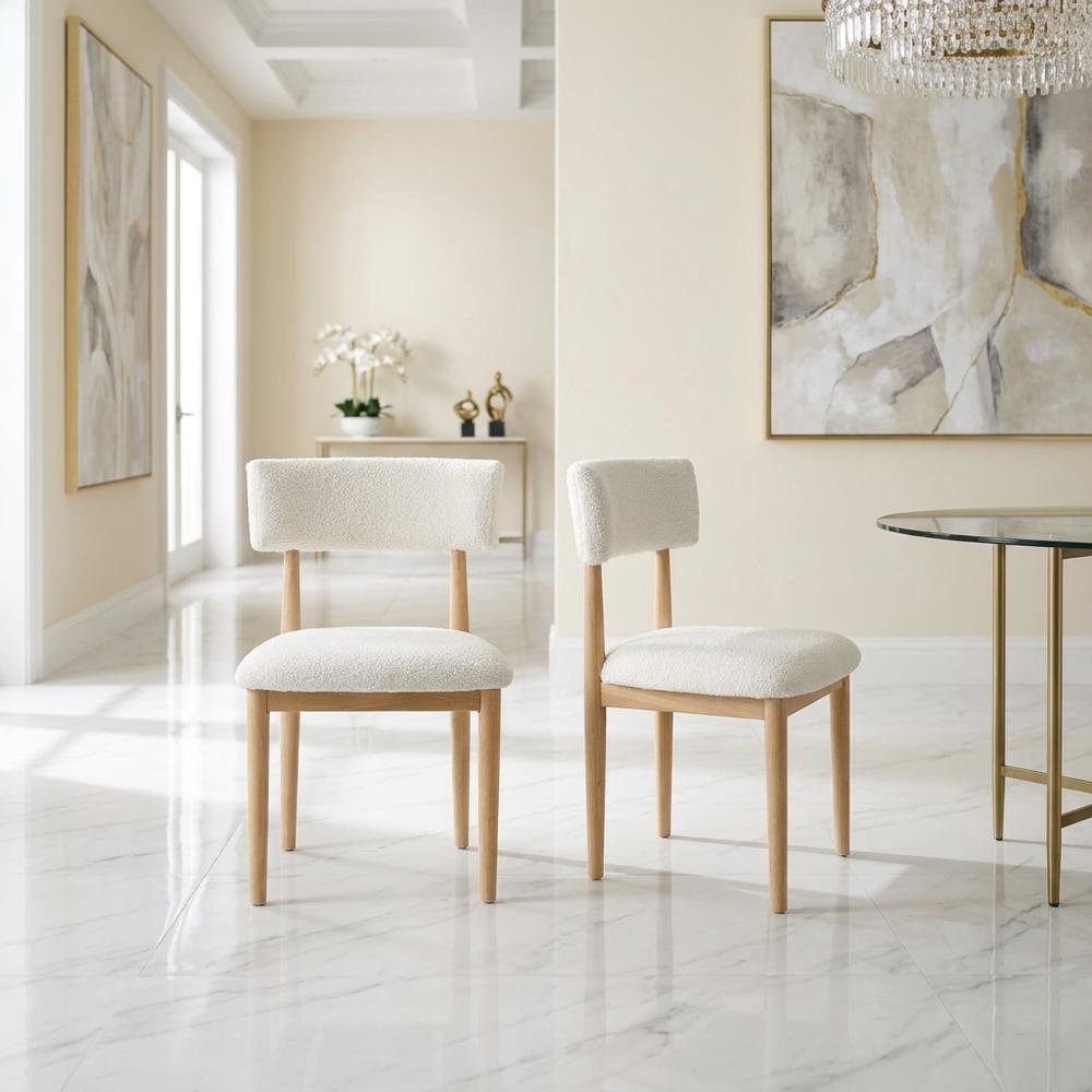 Boucle Upholstered Dining Chairs with Solid Wood Legs, Natural, Set of 2