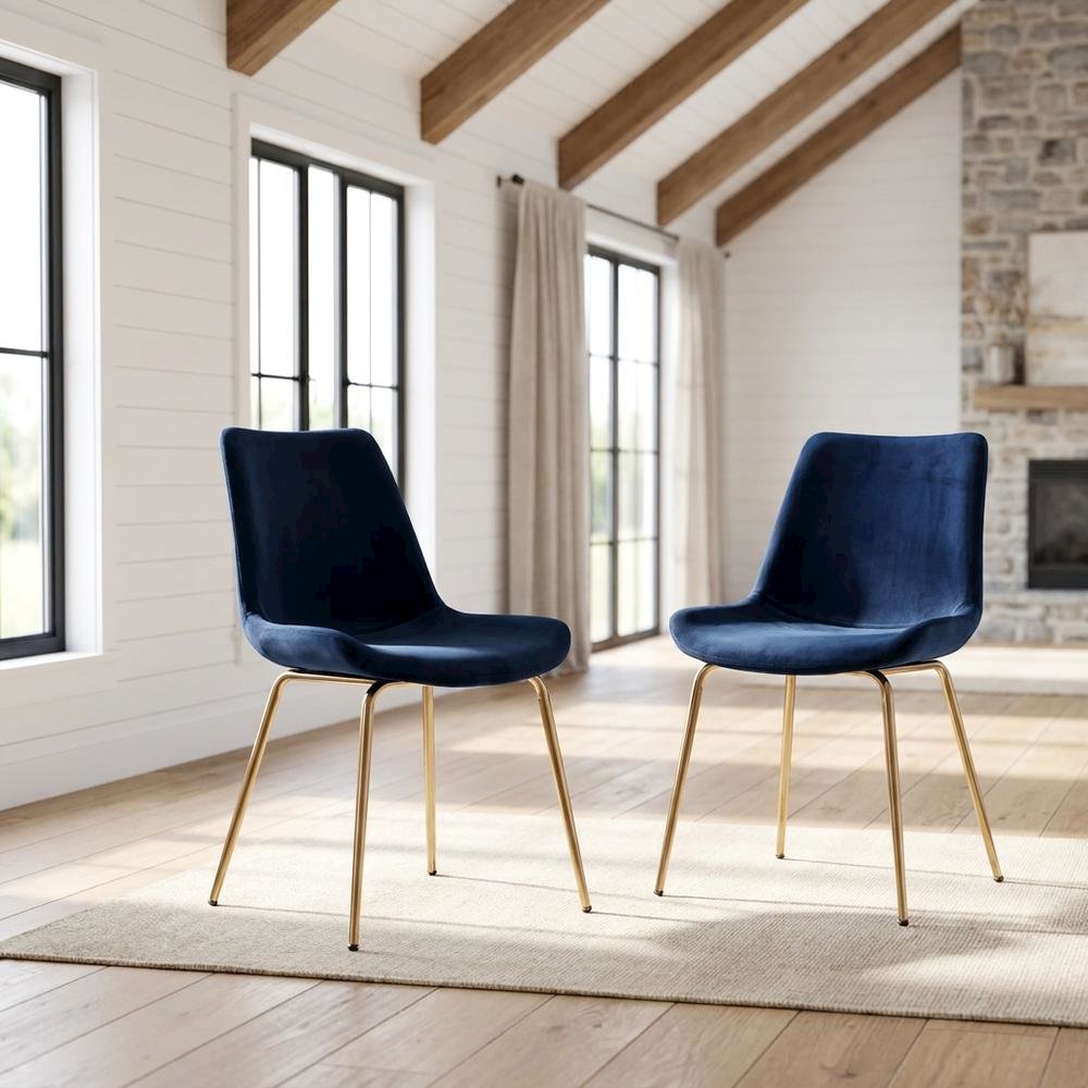 Modern Velvet Upholstered Dining Chairs with Metal Legs, Blue, Set of 2