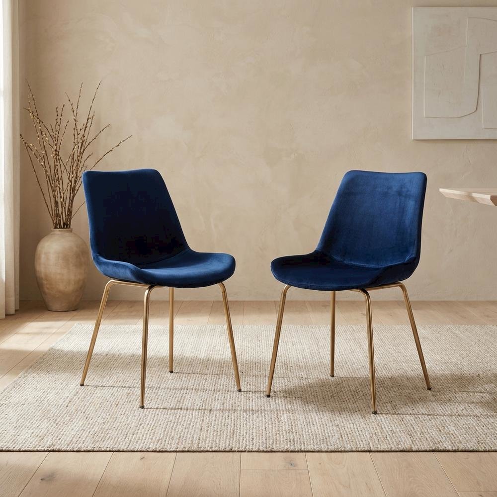 Modern Velvet Upholstered Dining Chairs with Metal Legs, Blue, Set of 2