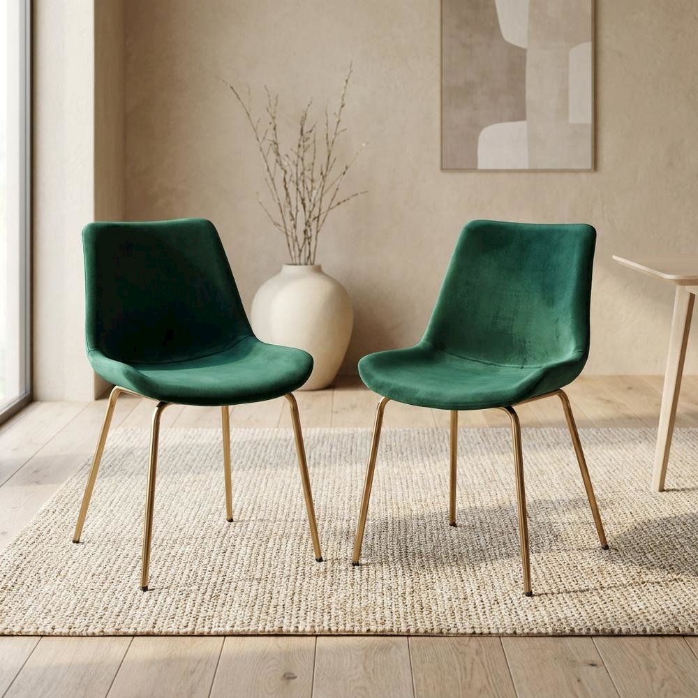 Modern Velvet Upholstered Dining Chairs with Metal Legs, Green, Set of 2