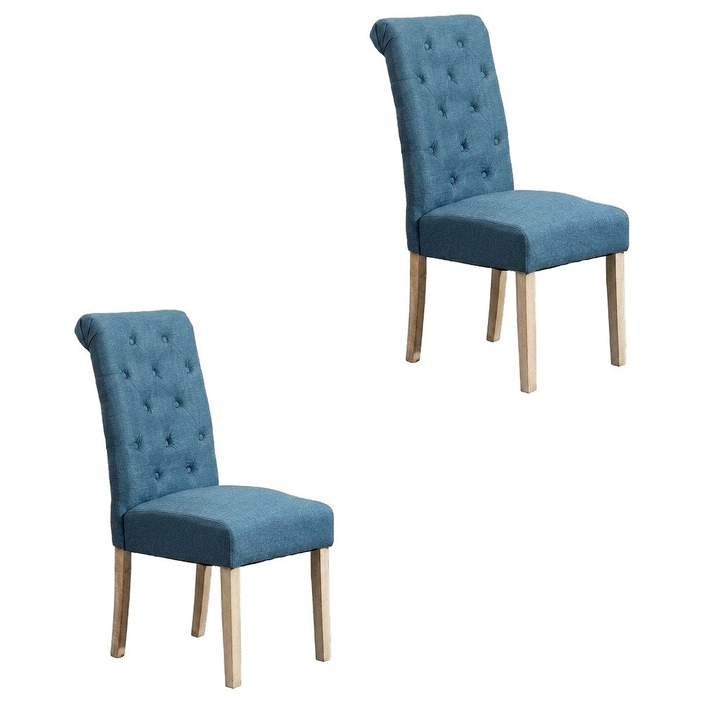 Solid Wood Tufted Parsons Upholstered Fabric Dining Chairs, Blue, Set of 2