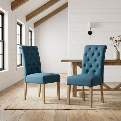 Solid Wood Tufted Parsons Upholstered Fabric Dining Chairs, Blue, Set of 2