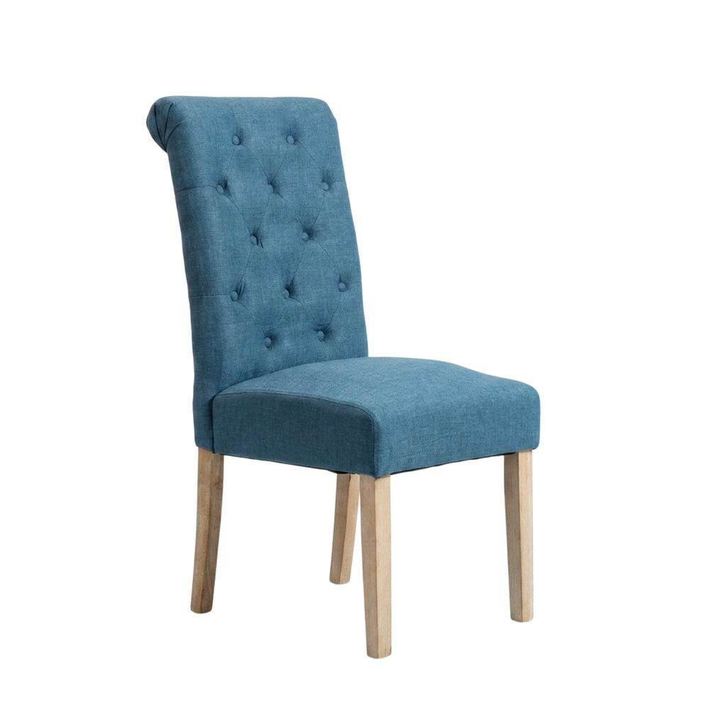 Solid Wood Tufted Parsons Upholstered Fabric Dining Chairs, Blue, Set of 2