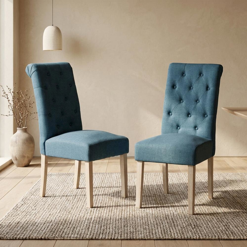 Solid Wood Tufted Parsons Upholstered Fabric Dining Chairs, Blue, Set of 2