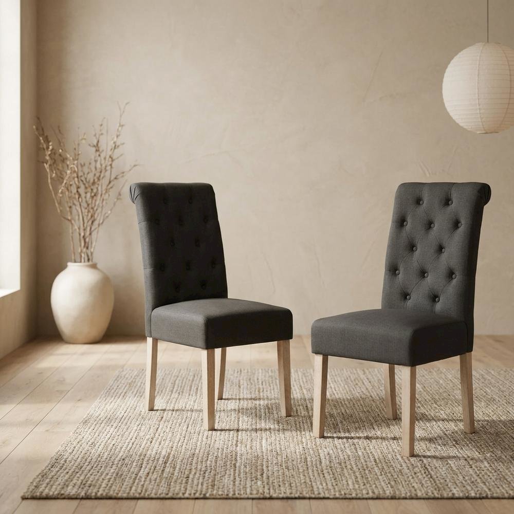 Solid Wood Tufted Parsons Upholstered Fabric Dining Chairs, Charcoal, Set of 2