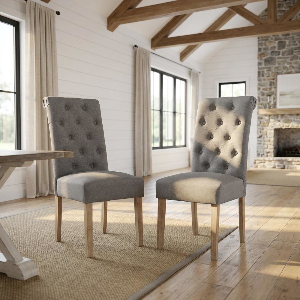 Solid Wood Tufted Parsons Upholstered Fabric Dining Chairs, Grey, Set of 2